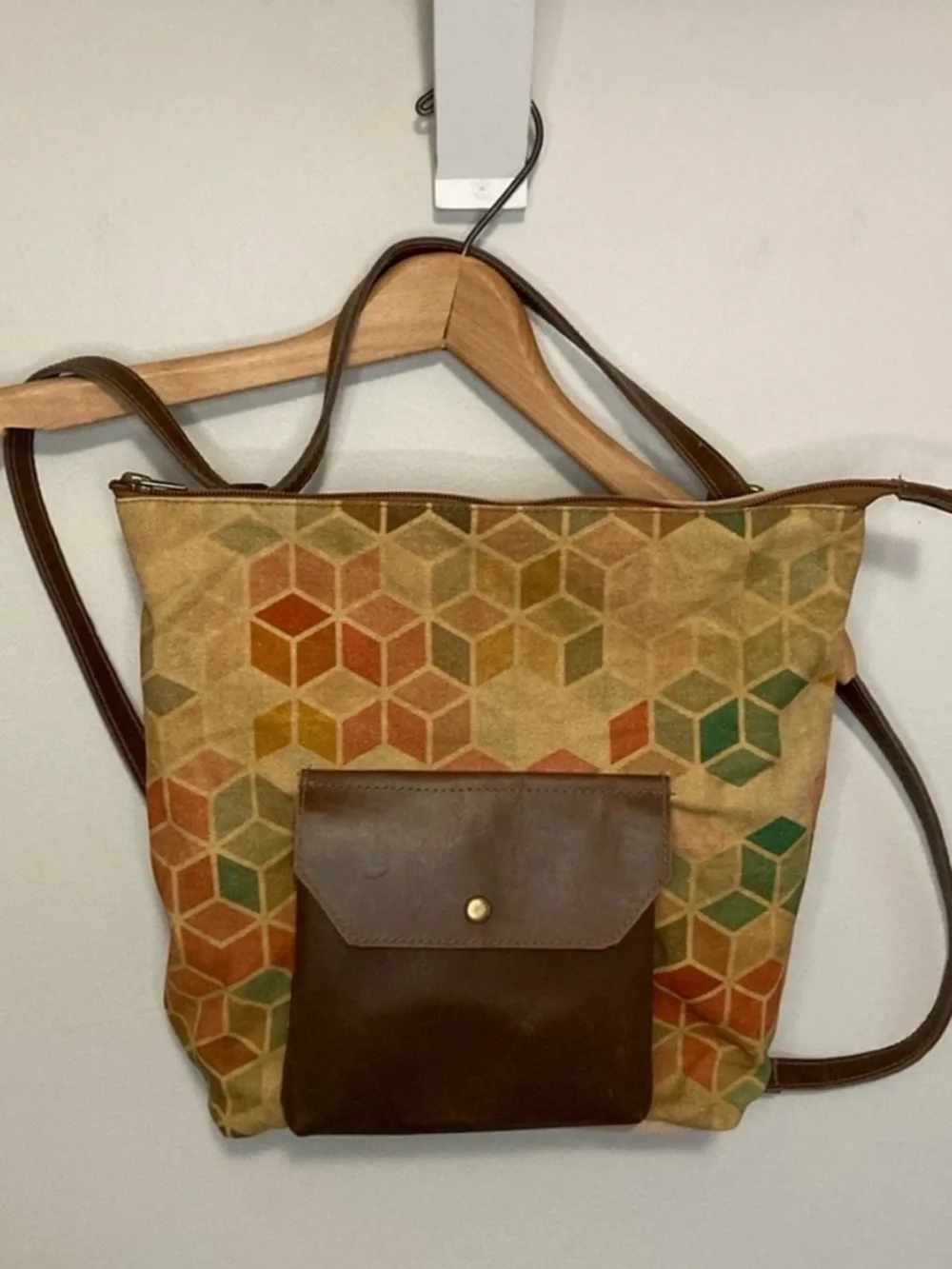 Multicolor Geometric Canvas Backpack with Brown Leather Pocket, Cott n Curls